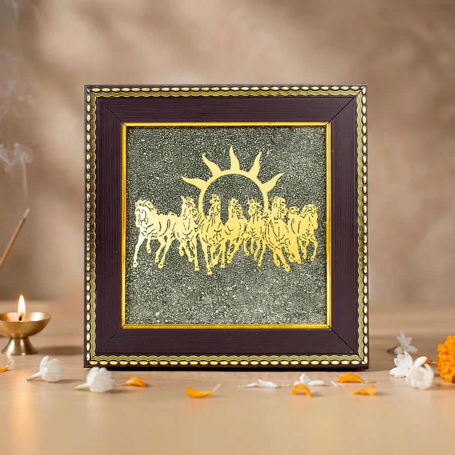 7 Horses on Raw Pyrite Frame (7x7 inches.)